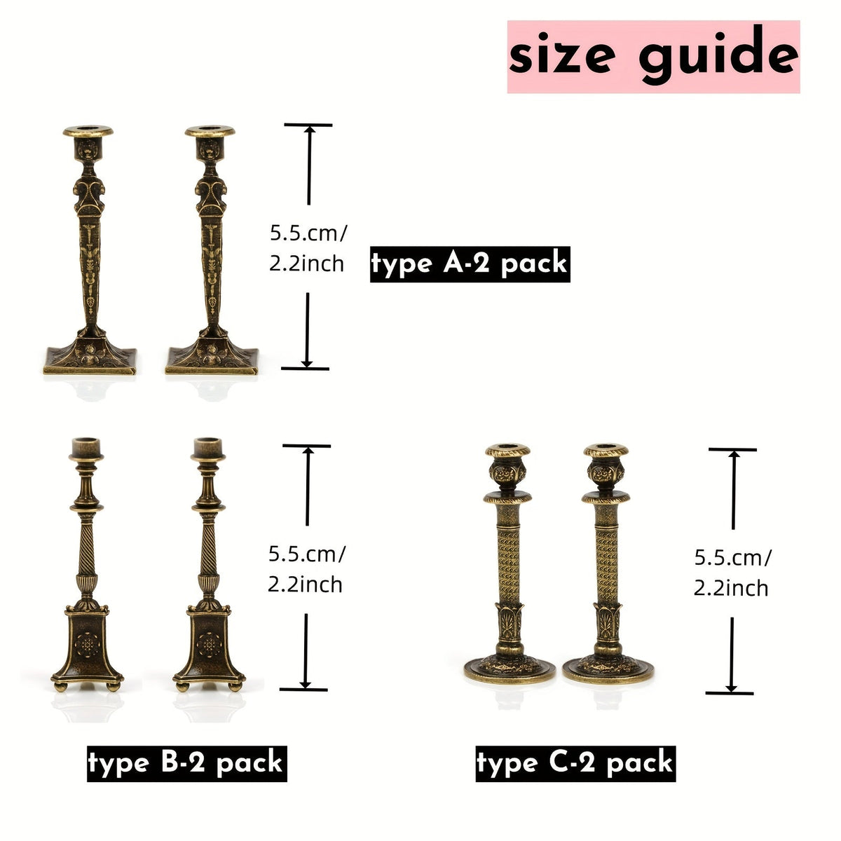 2.2 inch vintage style solid brass miniature candle holders size guide showing Type A Type B and Type C, 5.5cm height dimensions for 1:12 scale dollhouse