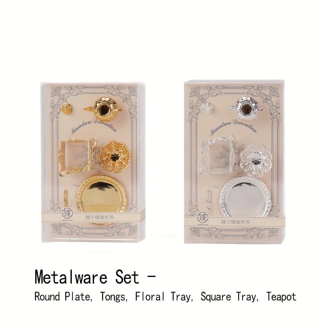 Vintage Gold and Silver Miniature Ornaments Set - 1:12 Scale Dollhouse Decor with Display Stand, Tea Pot, and Sofa