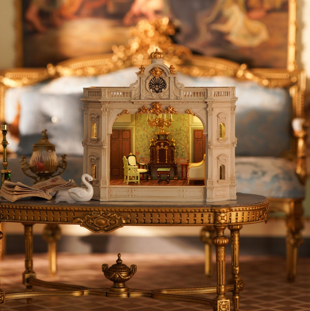 Close-up of French curves and Chinese patterns in museum-quality miniature hall - miniento