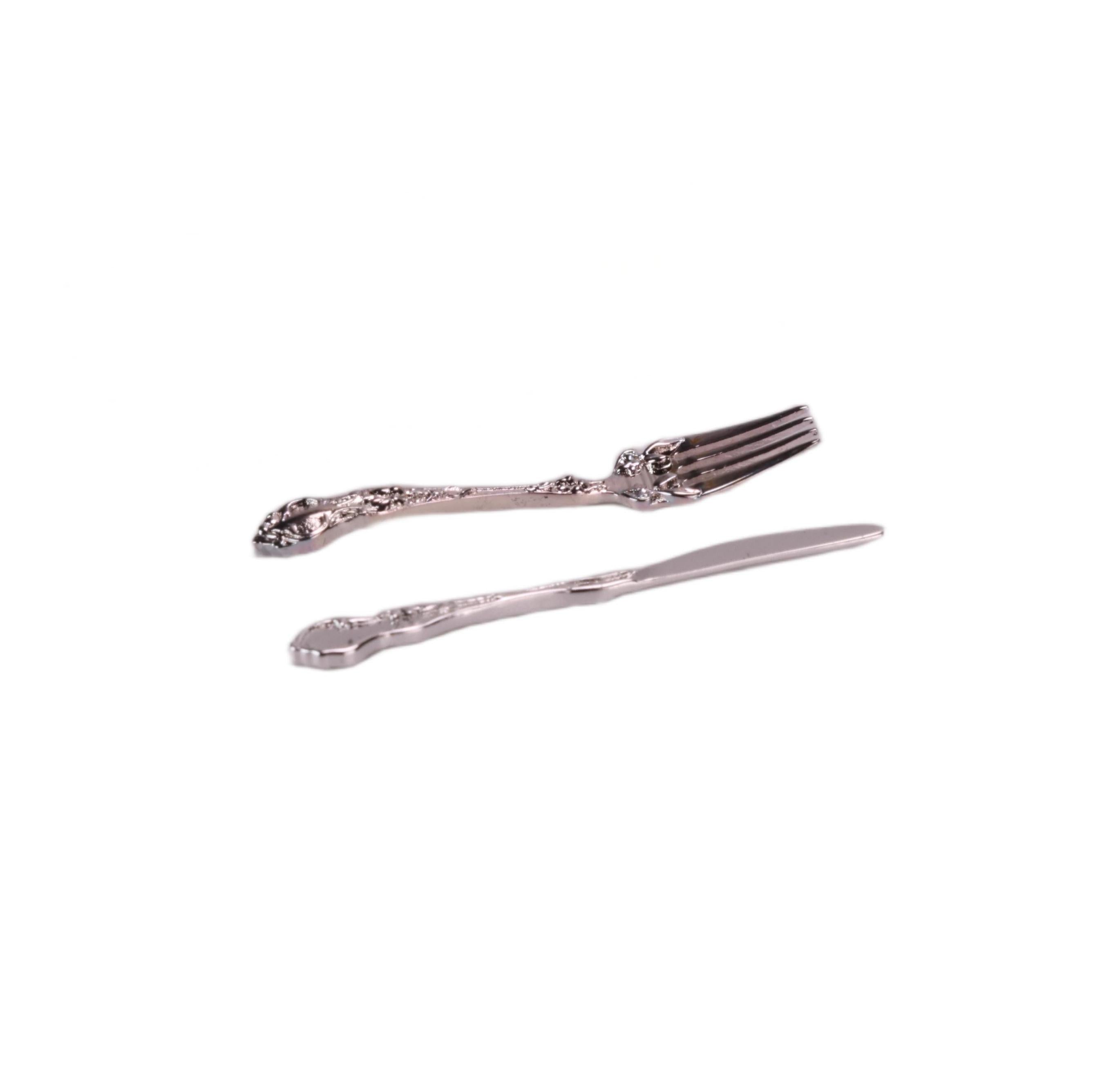 1:6 scale miniature silver plated knife and fork set, detailed dollhouse cutlery for action figures and miniature dining scenes