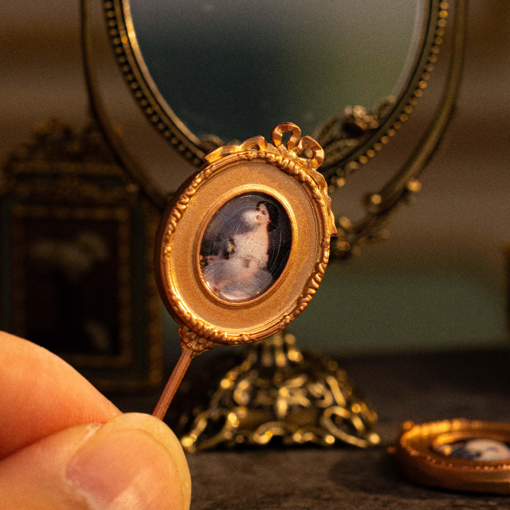1.57" Vintage Miniature Handheld Mirror 's Hand-Painted Back