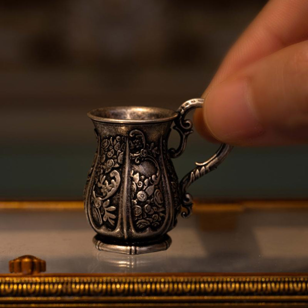 1:12 scale miniature vintage silver creamer open jug, part of a 3-piece dollhouse metal tea set for serving milk or cream