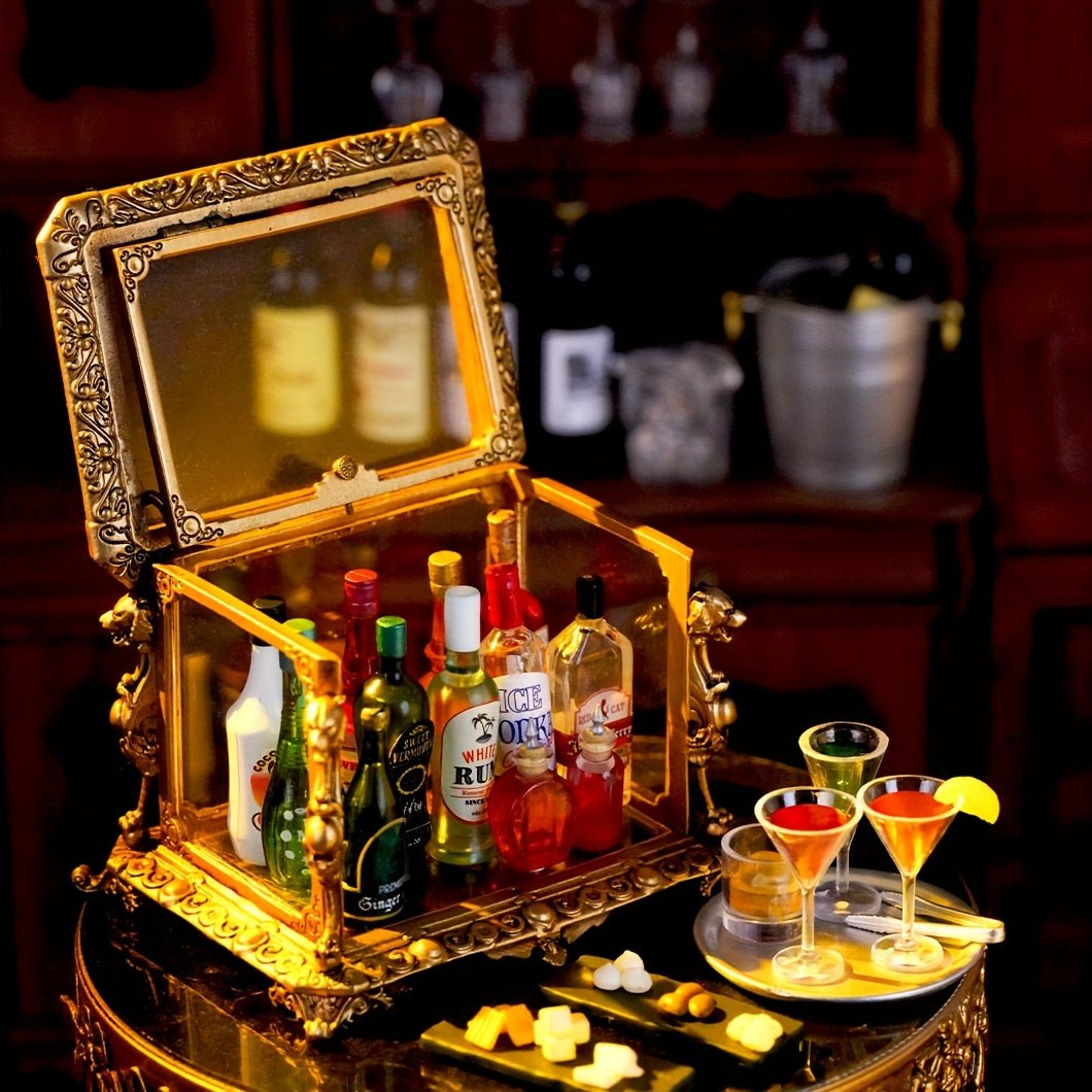 1:6 scale medieval palace metal wine case miniature displayed in a luxurious diorama setting, ornate gold frame cabinet as medieval decor