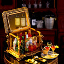 1:6 scale medieval palace metal wine case miniature displayed in a luxurious diorama setting, ornate gold frame cabinet as medieval decor