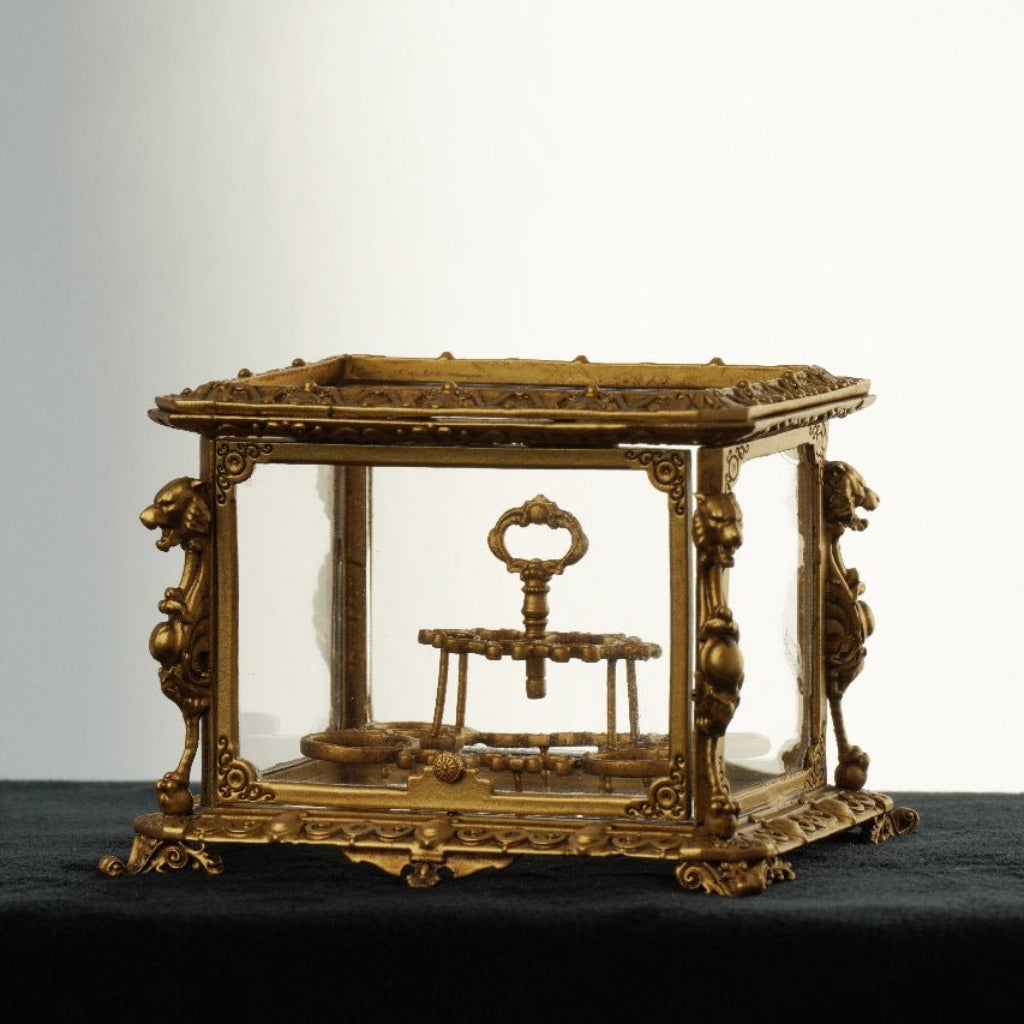 1:6 scale medieval palace metal wine case miniature placed on a classical wooden table, elegant vintage display cabinet for desk decor