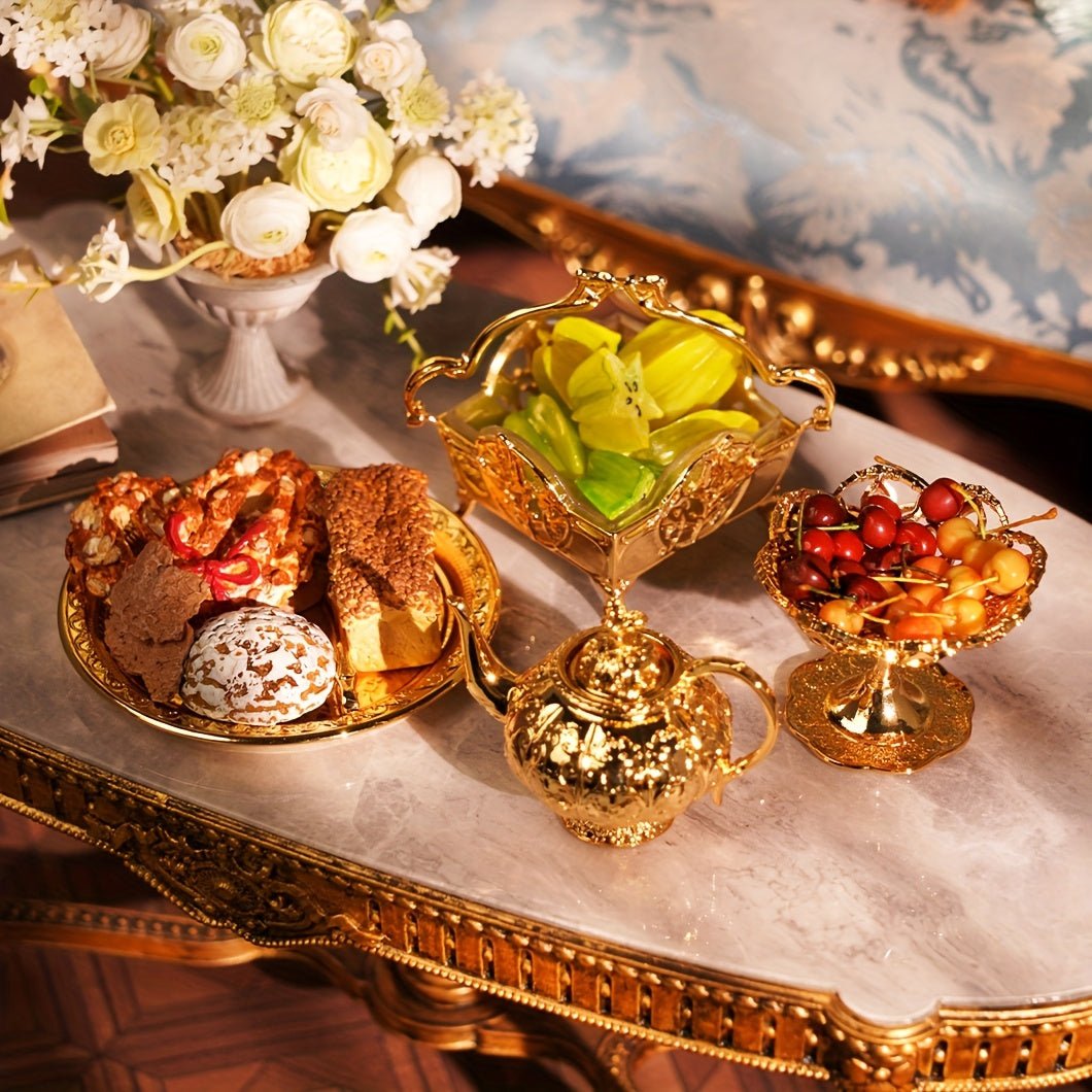1:6 scale vintage royal tea set gold miniature teapot and fruit dish displayed in an elegant setting, ornate gold ornament for dollhouse decor