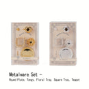 1:6 scale vintage royal tea set packaging box on white background, complete gold and silver miniature ornament set for dollhouse
