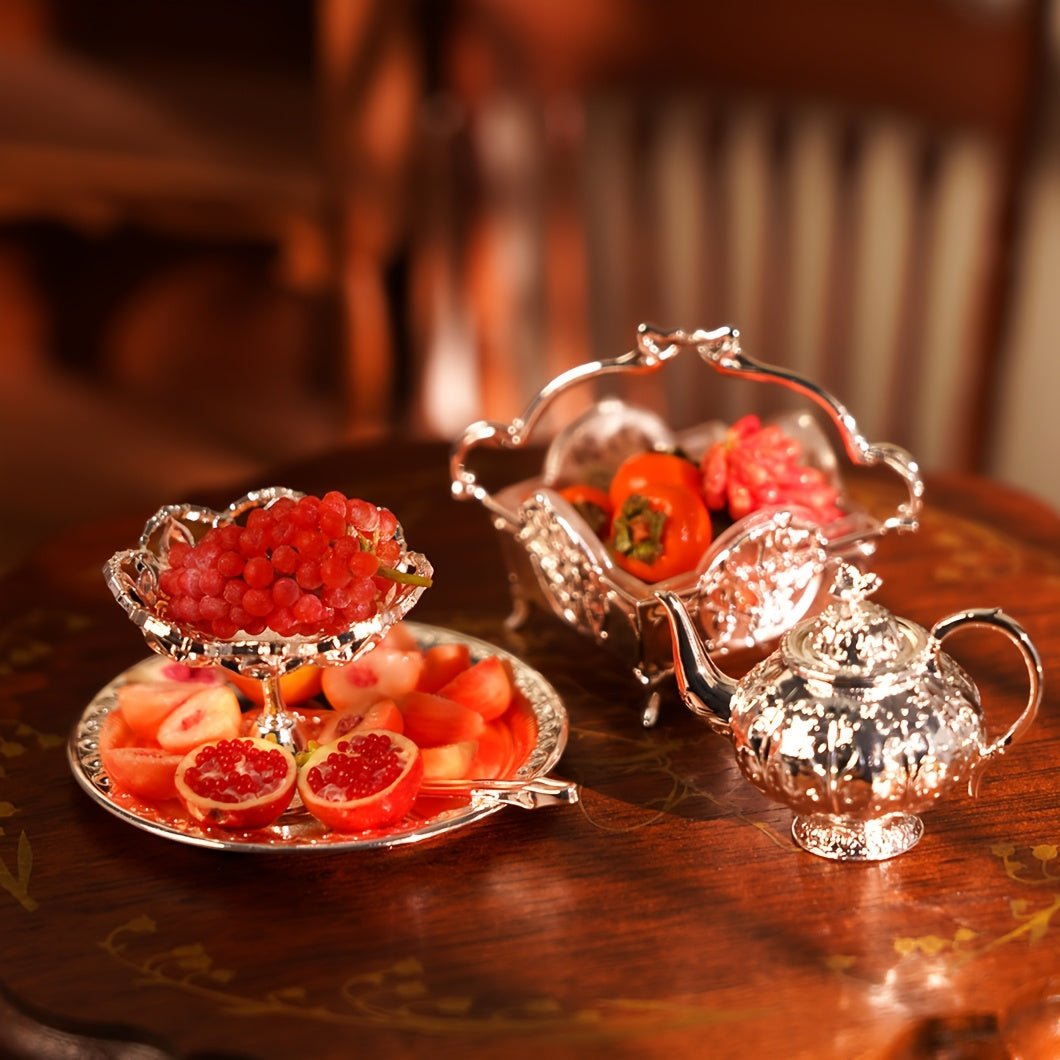 1:6 scale vintage royal tea set silver miniature teapot and bowl displayed in an elegant setting, ornate silver ornament for dollhouse decor