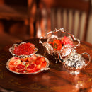 1:6 scale vintage royal tea set silver miniature teapot and bowl displayed in an elegant setting, ornate silver ornament for dollhouse decor