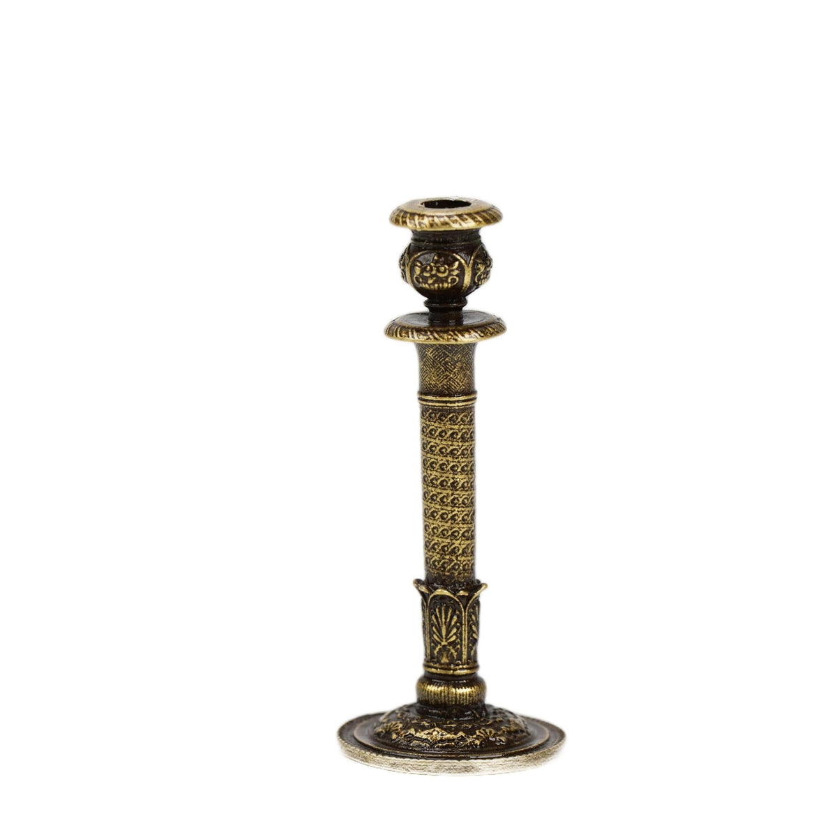 2.2 inch vintage style solid brass miniature candle holder single piece on white background, elegant 1:12 scale ornament for dollhouse and desk decor