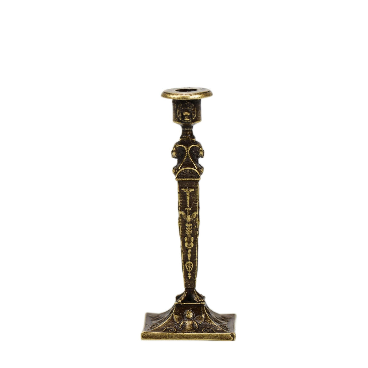 2.2 inch vintage style solid brass miniature candle holder single piece on white background, elegant 1:12 scale ornament for dollhouse and desk decor