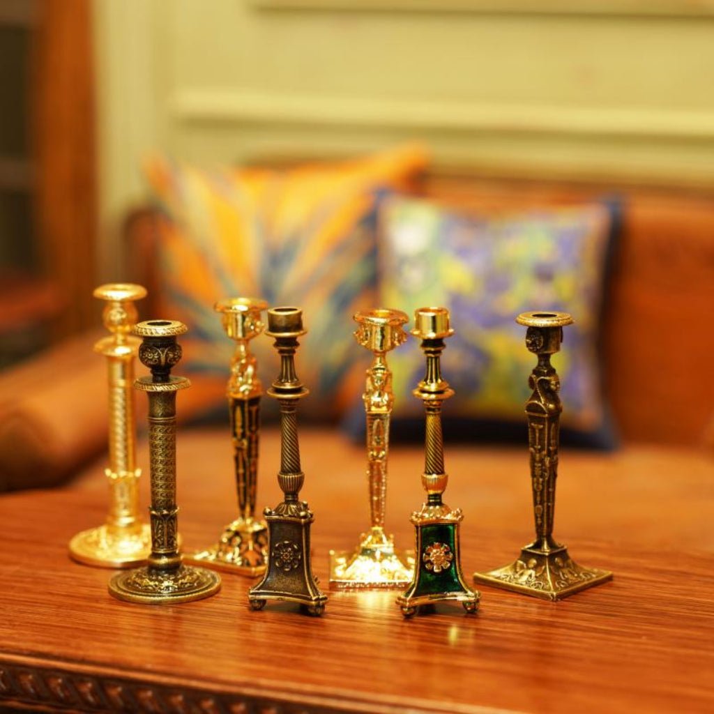 2.2 inch vintage style solid brass miniature candle holders displayed in an elegant ambient setting, warm metallic ornament for desktop accent and dollhouse decor