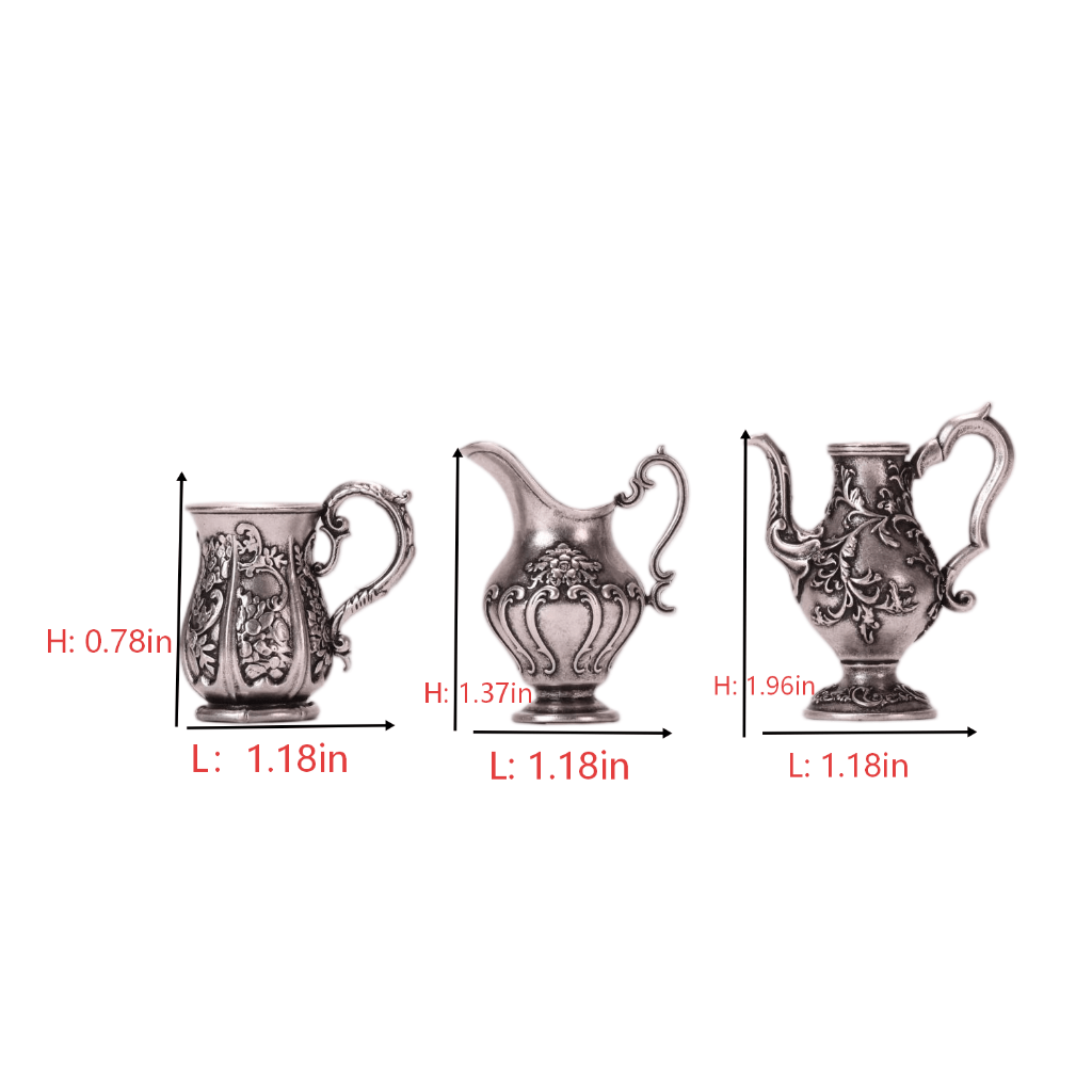 3-piece 1:12 scale miniature vintage silver tea set with size measurements and dimensions, dollhouse metal kettle creamer and cup set