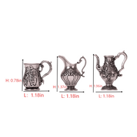 3-piece 1:12 scale miniature vintage silver tea set with size measurements and dimensions, dollhouse metal kettle creamer and cup set