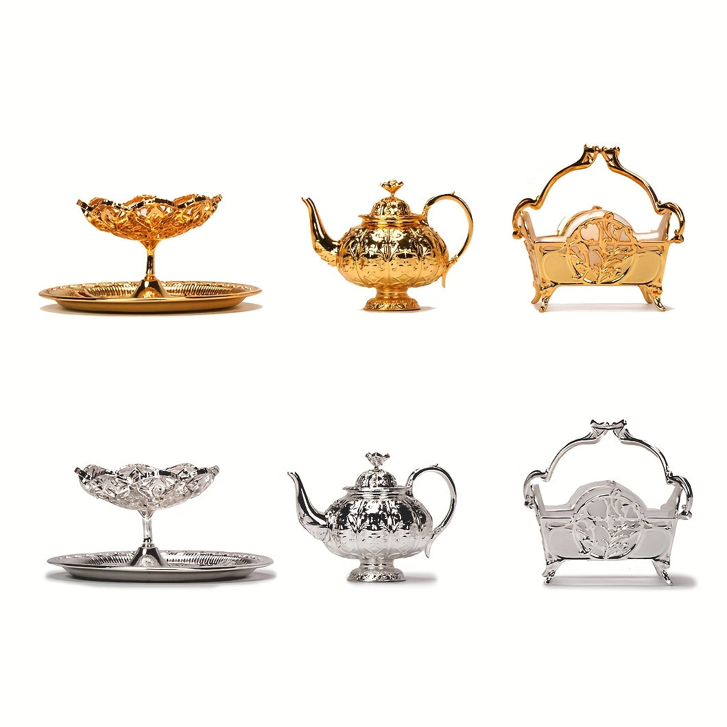 Vintage Gold and Silver Miniature Ornaments Set - 1:12 Scale Dollhouse Decor with Display Stand, Tea Pot, and Sofa
