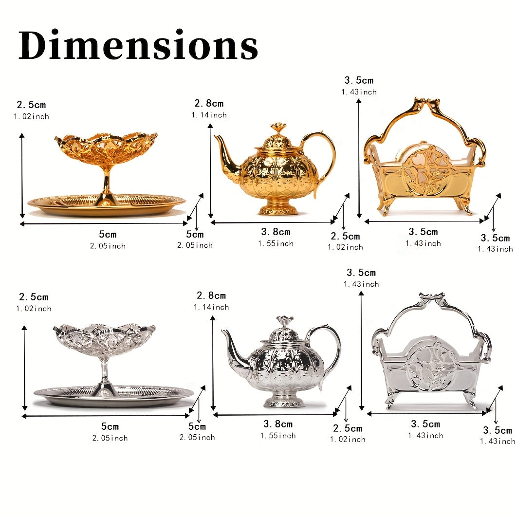 Vintage Gold and Silver Miniature Ornaments Set - 1:12 Scale Dollhouse Decor with Display Stand, Tea Pot, and Sofa