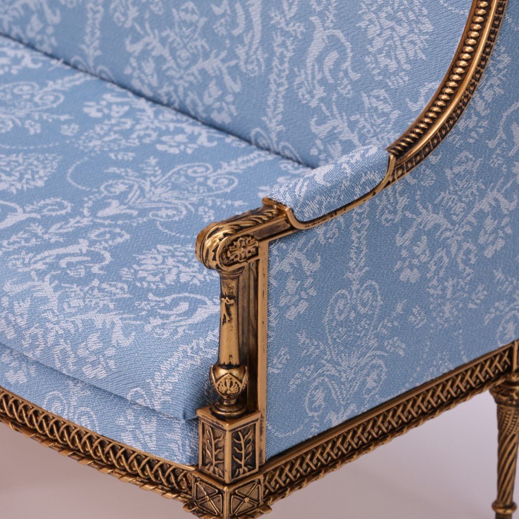 Fleur Garden Collection 1:6 scale miniature loveseat DIY kit armrest detail close-up, ornate carved craftsmanship