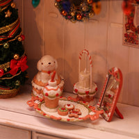 Cream Puppy miniature ornament displayed on a long table, aesthetic desk decor for home or office, cute gift for dog lovers