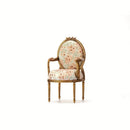 DIY 1:6 scale French armchair kit miniature furniture craft for dollhouse, white background main view of unfinished wooden pieces