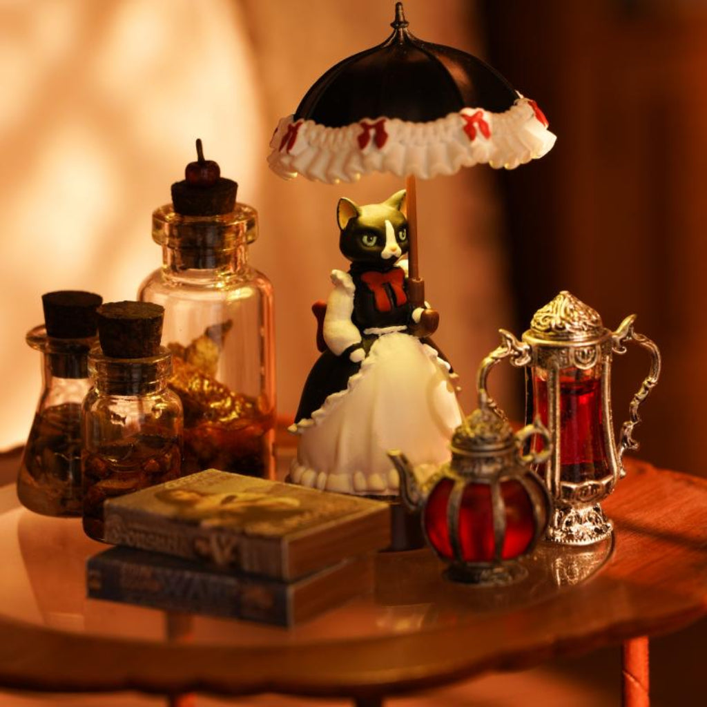 Fairy Tale Town LED night light Miss Cat design, retro desktop ornament and miniature collectible with cat character