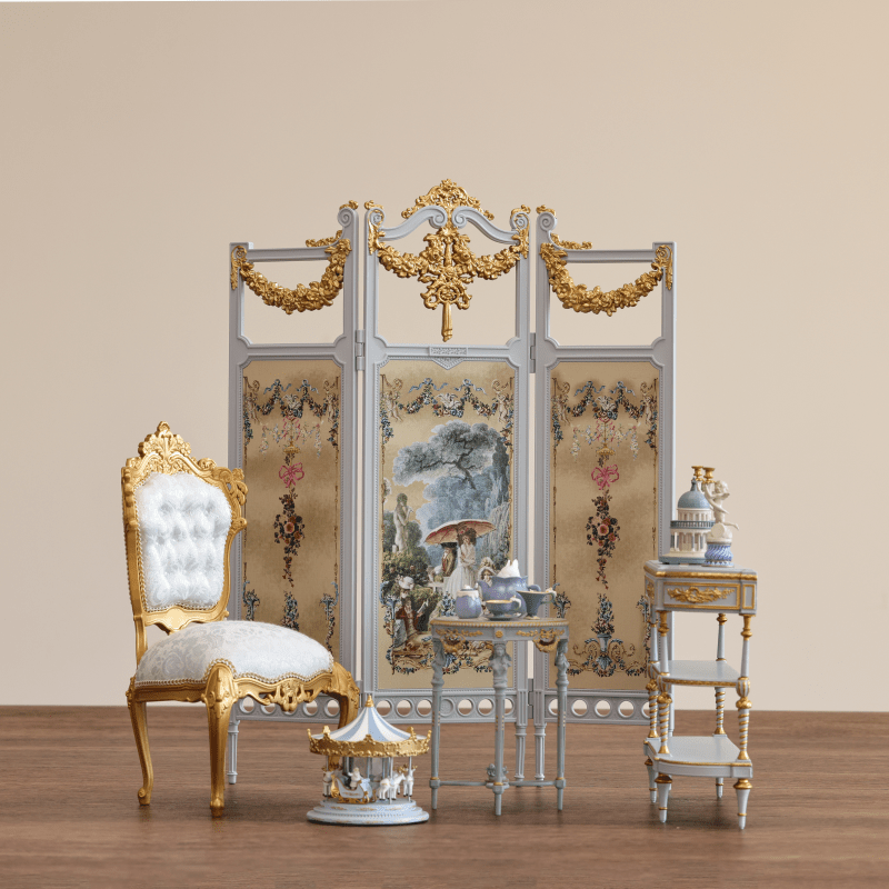 Fleur Garden Collection 1:6 scale miniature soft blue folding screen DIY kit product range display, showing the full set of craft pieces