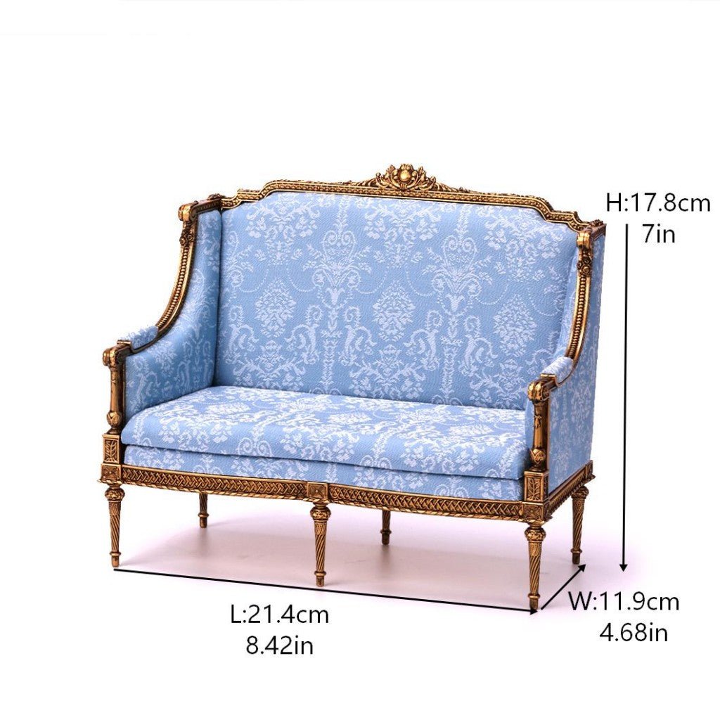 Fleur Garden Collection 1:6 scale miniature loveseat DIY kit with size measurements, 17.8cm height dollhouse furniture dimensions on white background