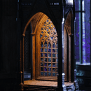 Low angle view of Gothic miniature church showing grand arched entrance - Miniento