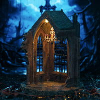 Gothic ruins 6.1 inch tall miniature night light displayed on a bookshelf, dark academia aesthetic church ruins for desk decor