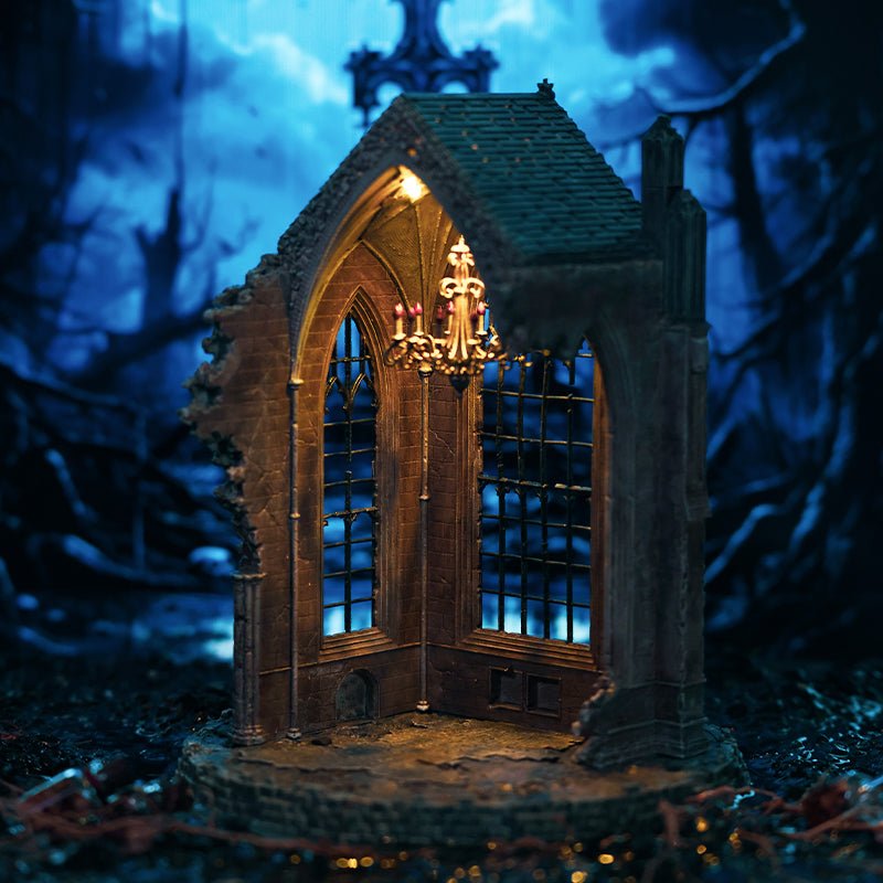 Gothic ruins 6.1 inch tall miniature night light displayed on a bookshelf, dark academia aesthetic church ruins for desk decor