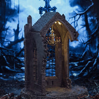 Gothic ruins 6.1 inch tall miniature night light displayed on a bookshelf, dark academia aesthetic church ruins for desk decor