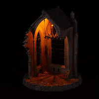 Gothic ruins 6.1 inch tall miniature night light, dark academia decor with warm flickering LED light on white background