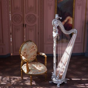 Louis XVI Collection 1:12 scale miniature floral chair side angle view, detailed carved wood furniture for dollhouse parlor