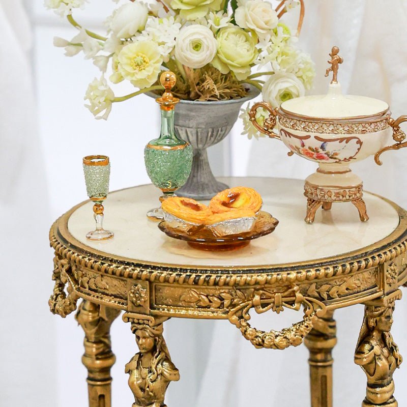 Louis XVI Collection 1:12 scale miniature round side table DIY kit detail close up, showing carved wood pieces and ornate table leg craftsmanship
