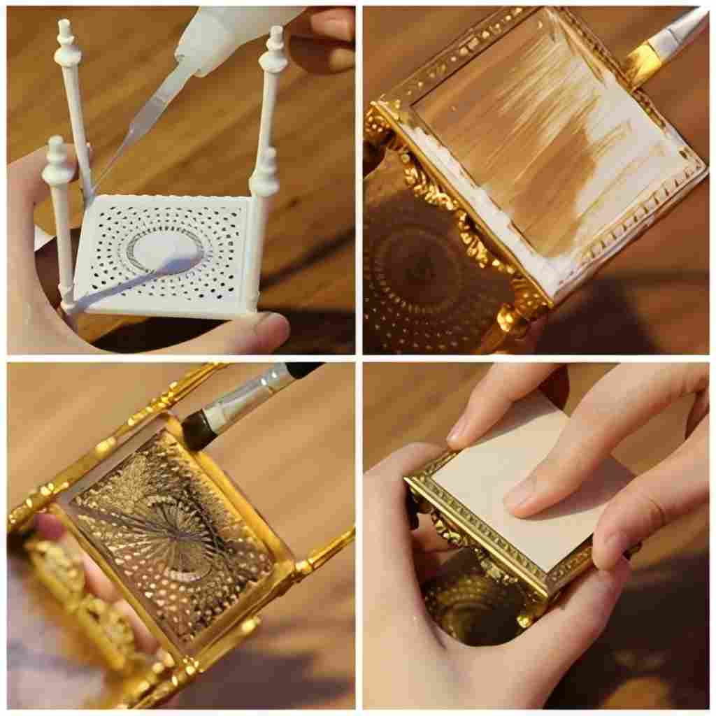 Louis XVI Collection 1:12 scale miniature square side table DIY kit assembly guide, showing step by step construction of dollhouse furniture