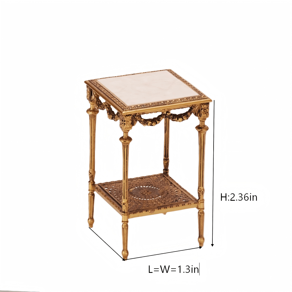 Louis XVI Collection 1:12 scale miniature square side table DIY kit with size measurements and dimensions on white background