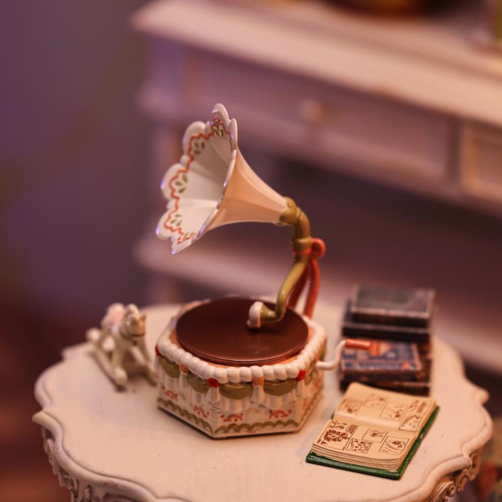 Mini Gramophone vintage decor piece displayed next to Cream Puppy ornament, aesthetic desktop miniature collectible set