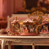 Miniature carousel gift collection displayed with miniature dollhouse figures, vintage carousel scene for dollhouse decor