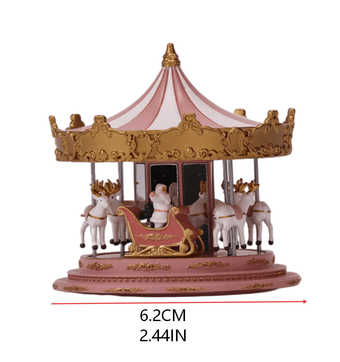 Miniature carousel gift collection with size measurements on white background, showing 6.2cm length and detailed scale