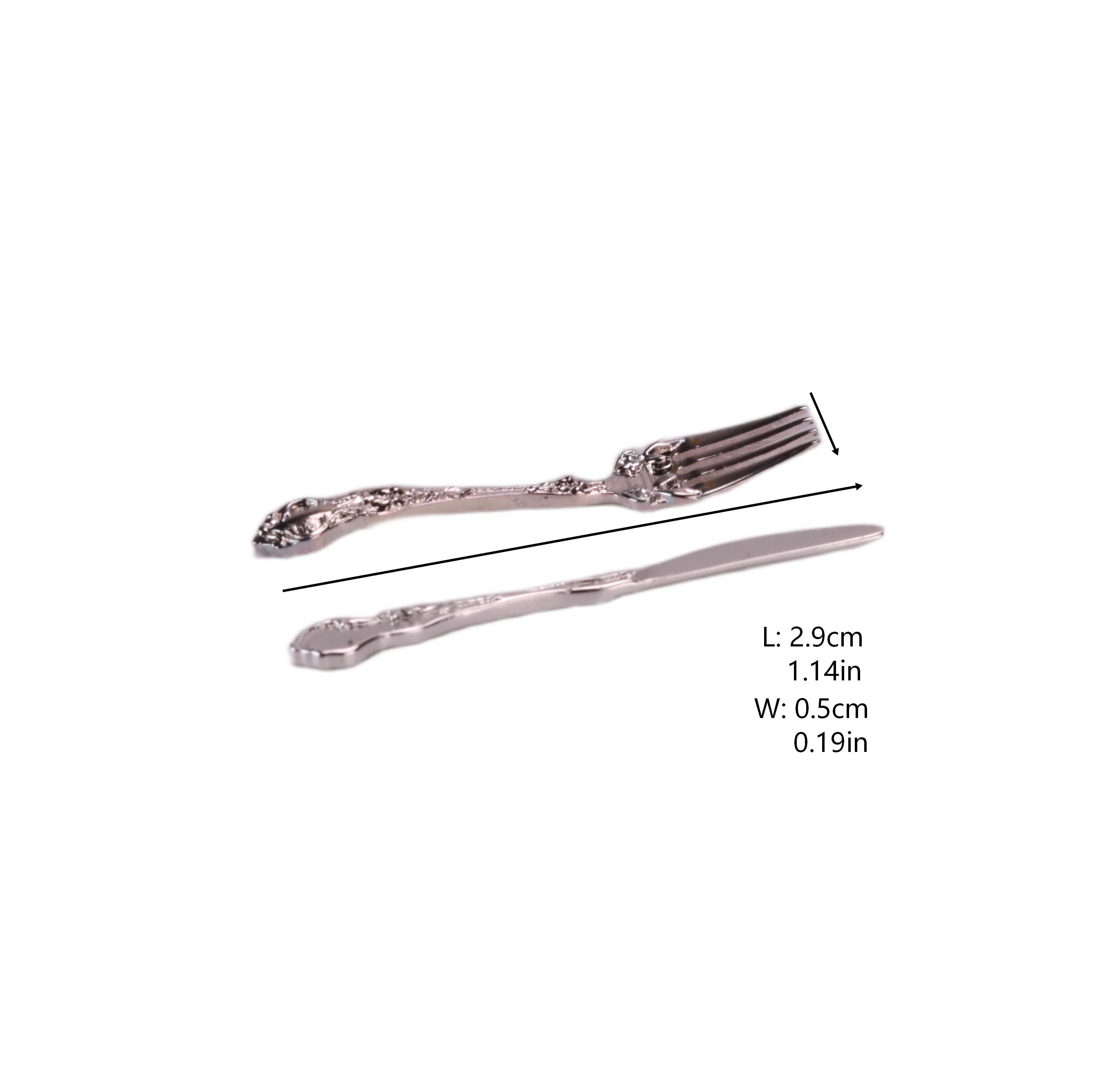 1:6 scale miniature silver plated knife and fork set, detailed dollhouse cutlery for action figures and miniature dining scenes