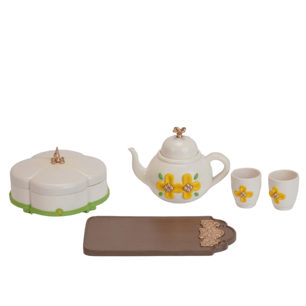 Oriental Osmanthus pastry tea set vintage miniature collectible on white background, alternate angle showing pastry box and tea cup details