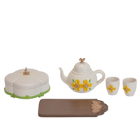 Oriental Osmanthus pastry tea set vintage miniature collectible on white background, alternate angle showing pastry box and tea cup details